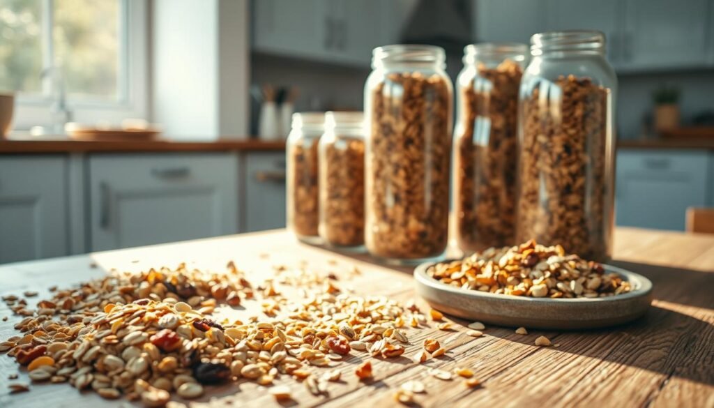 A rustic wooden table, scattered with an assortment of homemade muesli and granola. Sunlight streams in through a nearby window, casting a warm glow over the scene. In the foreground, clusters of rolled oats, toasted nuts, and dried fruit create a colorful, textured palette. The middle ground features glass jars filled with different granola varieties, their contents visible through the transparent vessels. In the background, a minimalist kitchen with light blue cabinetry provides a clean, calming backdrop. The overall atmosphere is one of simplicity, nourishment, and the comforts of a homemade breakfast.