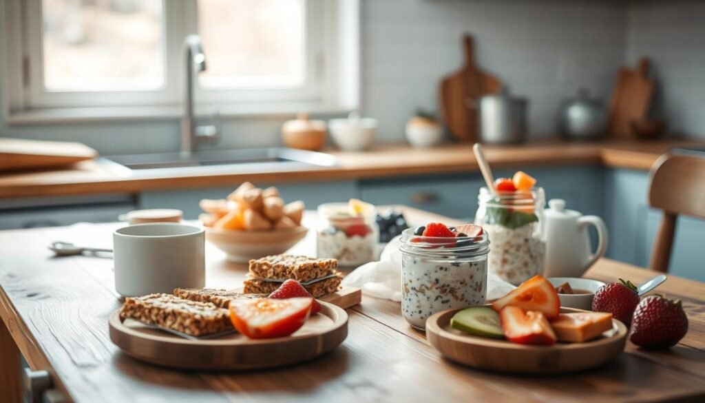 A rustic wooden table set with a variety of simple, yet delicious travel breakfast recipes. Artfully arranged items include freshly baked granola bars, overnight oats in mason jars, fresh fruit, and travel-friendly snacks. Soft, natural lighting filters through a window, casting a warm glow over the scene. The minimalist kitchen backdrop features light blue accents and subtle texture, creating a cozy and inviting atmosphere perfect for savoring a nourishing meal on the go.