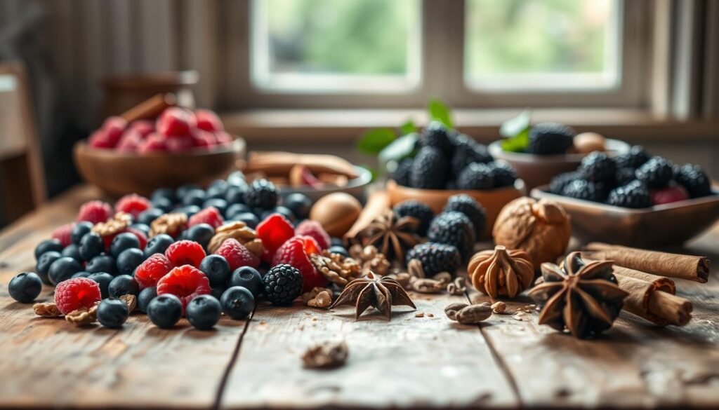 A rustic wooden table set with an array of vibrant, flavorful ingredients for an overnight breakfast. In the foreground, a medley of fresh berries - juicy blueberries, tart raspberries, and plump blackberries. Beside them, a scattering of toasted walnuts and pecans, their crunch and nutty essence complementing the sweetness. In the middle ground, a selection of spices - cinnamon sticks, cardamom pods, and fragrant star anise - hinting at the warmth and complexity to come. Overhead, soft, natural lighting filters through a large window, casting a gentle glow and highlighting the textures of the wood and the vibrant colors of the ingredients. The overall mood is one of rustic elegance, inviting the viewer to envision the nourishing and flavorful possibilities of an overnight breakfast enhanced by these carefully chosen additions.