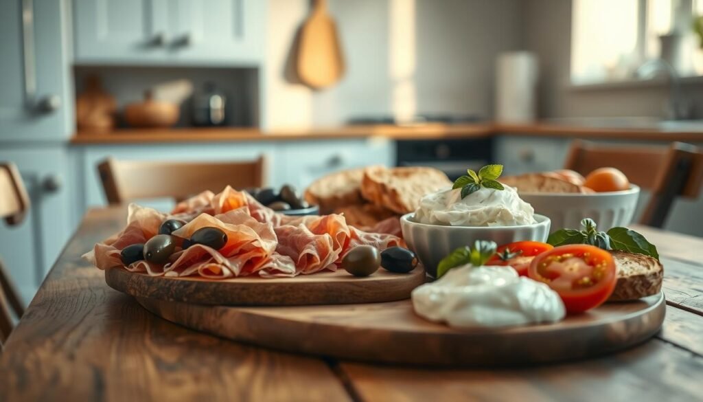 A rustic wooden table set with an assortment of authentic Italian cold lunch items - sliced prosciutto, marinated olives, creamy burrata, crusty bread, and fresh tomatoes and basil. Soft, warm lighting illuminates the scene, casting a cozy, inviting glow. In the background, a minimalist kitchen with light blue cabinetry and simple hardware creates a serene, homey atmosphere. The scene conveys the flavors and textures of a delightful Italian-inspired cold lunch, perfect for a no-heat midday meal.