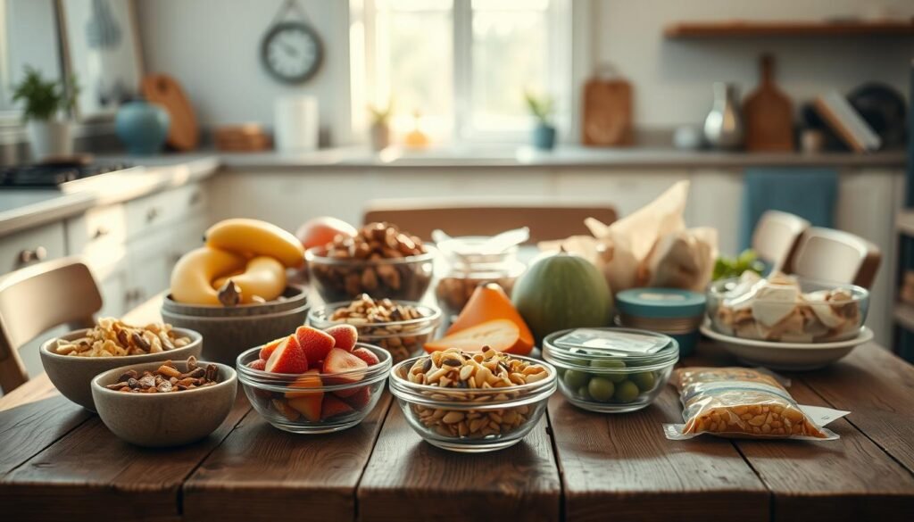 A rustic wooden table set with an assortment of wholesome no-heat lunch items: a variety of trail mix blends in various bowls, fresh fruits, and portable snacks. Soft natural light filters through the kitchen windows, casting a warm glow on the scene. In the background, glimpses of a minimalist, light-toned interior with subtle blue accents. The arrangement conveys a sense of simplicity, nourishment, and effortless convenience for busy days.