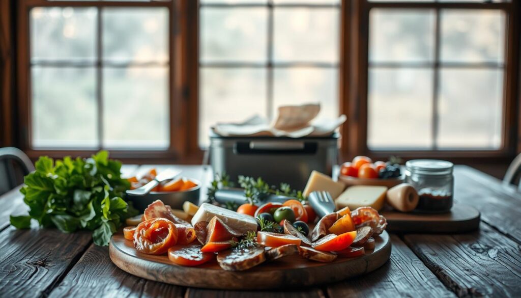 A rustic wooden table sets the scene, adorned with a simple yet elegant array of no-heat lunch items. In the foreground, an assortment of fresh vegetables, cured meats, and artisanal cheeses create a visually appealing antipasto platter. The middle ground features a sleek, modern lunchbox, its contents ready to be savored without the need for heating. Soft, diffused lighting from a large window casts a warm glow, highlighting the earthy tones and textures of the scene. The overall atmosphere conveys a sense of effortless, nourishing sustenance - the perfect workday solution for those seeking a satisfying, fuss-free midday meal.