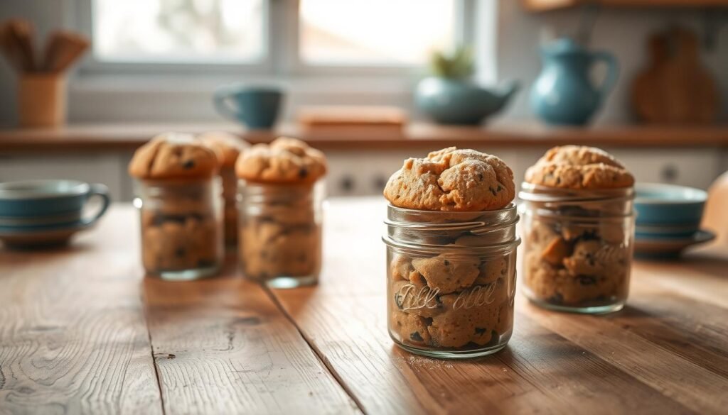 A rustic wooden table showcases an artfully arranged display of homemade protein-rich muffins, nestled inside repurposed mason jars. The muffins, infused with wholesome ingredients, are presented with care, their tops delicately dusted with a light sprinkling of powdered sugar. Soft natural light filters through the kitchen's airy windows, casting a warm glow on the scene. Complementary blue ceramic dishware and minimal décor add a touch of understated elegance, while the overall composition evokes a sense of effortless, healthy indulgence.