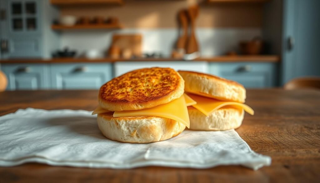 A rustic wooden table with a crisp white linen tablecloth sets the stage for a delightful breakfast scene. In the foreground, a pair of lightly toasted English muffins, their golden-brown exterior glistening, are topped with thick slices of creamy, melted cheese. The muffins are arranged in a visually appealing manner, casting subtle shadows that add depth and dimension to the composition. The middle ground features a minimalist kitchen backdrop, with light blue accents on the cabinetry and a few simple kitchen utensils visible in the periphery. Warm, soft lighting emanates from an unseen source, creating a cozy, inviting atmosphere. The overall mood is one of simple elegance and culinary satisfaction.