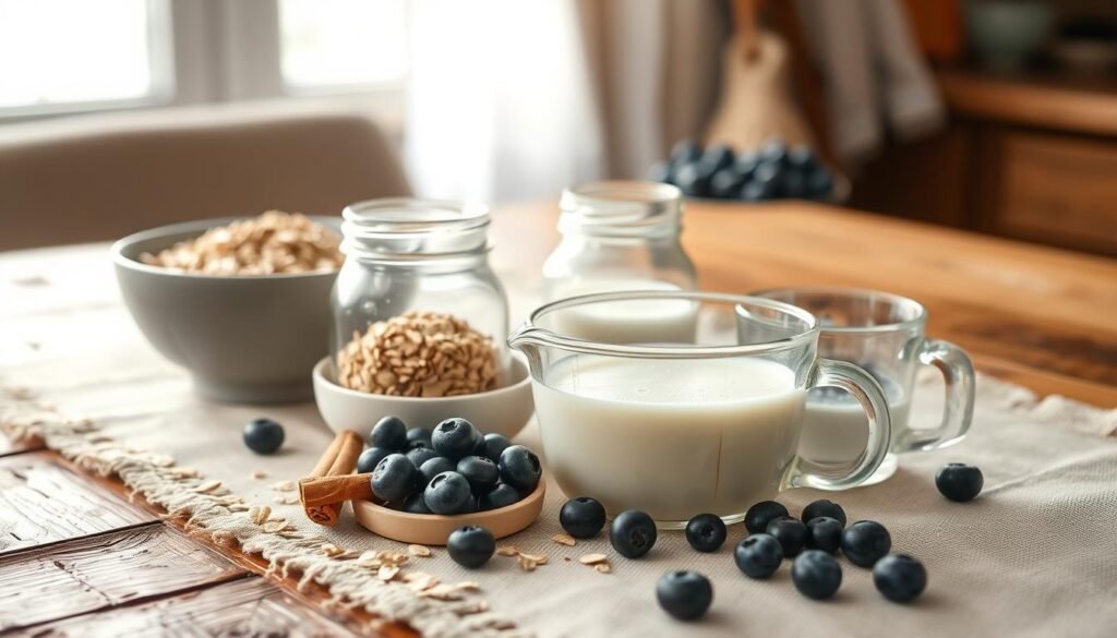 A rustic wooden table with a natural linen runner, holding an array of essential ingredients for baked oatmeal: a bowl of rolled oats, a jar of pure maple syrup, a handful of plump blueberries, a stack of ground cinnamon sticks, and a small glass measuring cup filled with creamy milk. Soft, diffused natural light filters in through a nearby window, casting a warm glow over the scene. In the background, a few simple kitchen tools like a whisk and a mixing bowl hint at the comforting process of preparing this nourishing breakfast.