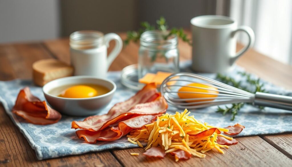A rustic wooden table with a patterned blue-and-white kitchen towel, showcasing an assortment of breakfast ingredients. In the foreground, crisp slices of bacon and shredded cheddar cheese sit alongside a small bowl of cracked eggs. In the middle ground, a small glass jar filled with fresh chives and a stainless steel whisk lie adjacent. The background features a simple white ceramic mug and a sprig of fresh thyme, highlighting the minimalist, cozy atmosphere of the scene. Soft, natural lighting casts a warm glow over the arrangement, emphasizing the textures and colors of the keto-friendly ingredients.