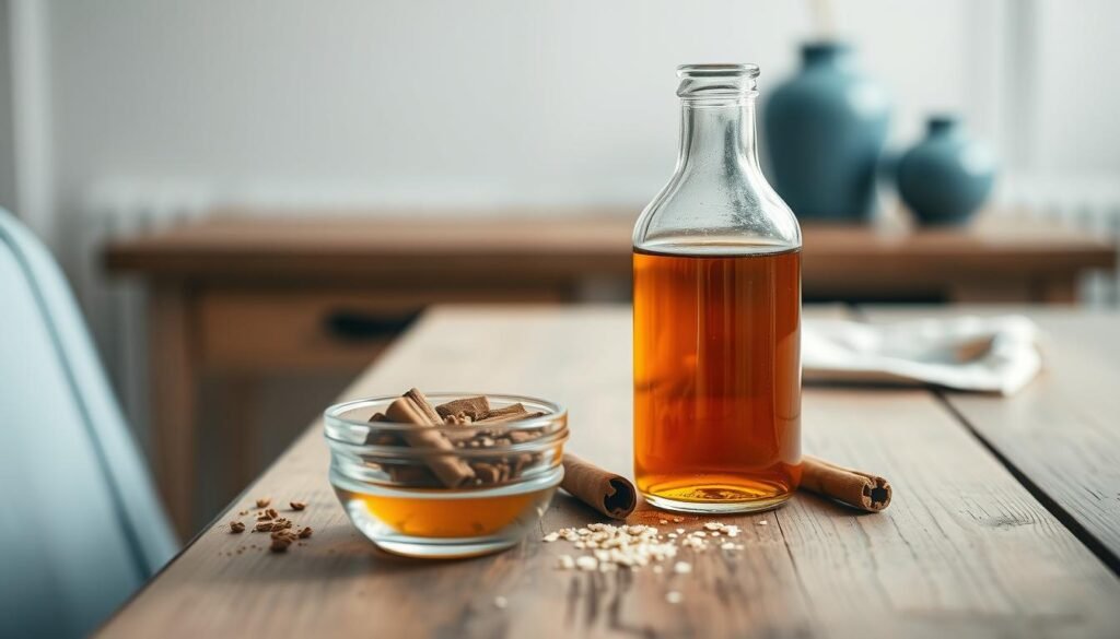 A rustic wooden table with an assortment of natural sweeteners for overnight oats - golden honey drizzle, maple syrup in a glass bottle, and cinnamon sticks in a small bowl. Soft, diffused natural lighting bathes the scene, highlighting the warm tones and textures. In the background, a simple white wall and a minimalist blue accent piece provide a clean, calming contrast. The composition emphasizes the wholesome, homemade feel of crafting a delicious and sugar-free overnight oats recipe.