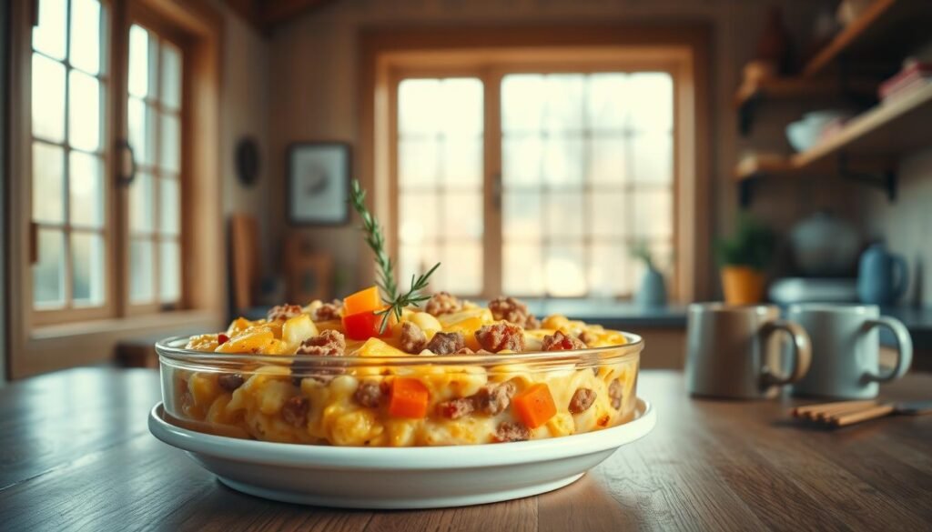 A savory and sweet breakfast casserole takes center stage in a cozy, minimalist kitchen setting. The dish features fluffy eggs, crumbled sausage, diced bell peppers, and gooey melted cheese, all baked to perfection. Delicate sprigs of fresh thyme and a light dusting of paprika add depth of flavor. Warm, natural lighting from large windows casts a soft glow, highlighting the casserole's golden-brown top and the rustic wooden countertops and shelves surrounding it. A few simple ceramic mugs and a small potted plant create a welcoming, homey atmosphere, inviting the viewer to savor this versatile, make-ahead breakfast delight.