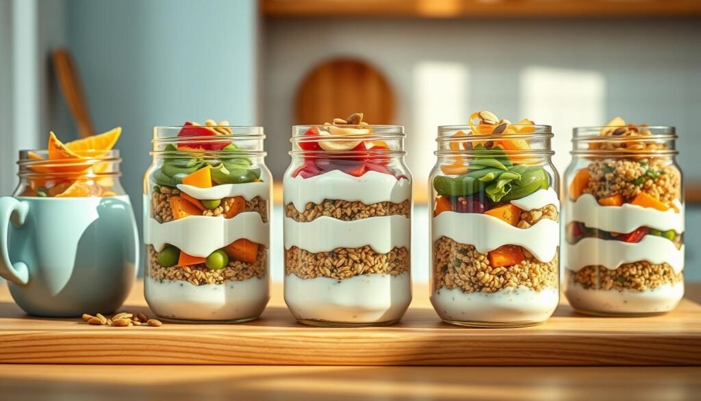 A savory array of vegan breakfast jars nestled in a cozy, minimal kitchen setting. Layered with creamy cashew-based yogurt, roasted vegetables, quinoa, and a sprinkle of toasted seeds. Warm neutral tones complement the light blue accents, creating a serene and inviting atmosphere. The jars are beautifully lit from above, casting soft shadows and highlighting the textural details of the ingredients. A clean, wooden table surface serves as the base, lending an organic, rustic charm to the scene. The composition emphasizes the appealing nature of these nourishing, make-ahead vegan breakfast options.