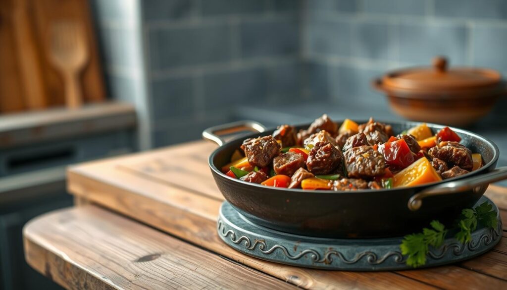 A savory beef skillet sizzles on a rustic wooden countertop, bathed in a rich, aromatic sauce. Tender beef chunks mingle with vibrant vegetables, their colors popping against the muted blue-gray tones of the minimal kitchen. Soft lighting casts a warm, inviting glow, drawing the eye to the mouthwatering dish. The scene exudes a sense of comfort and simplicity, perfectly capturing the essence of a protein-packed, one-pan meal prep solution.
