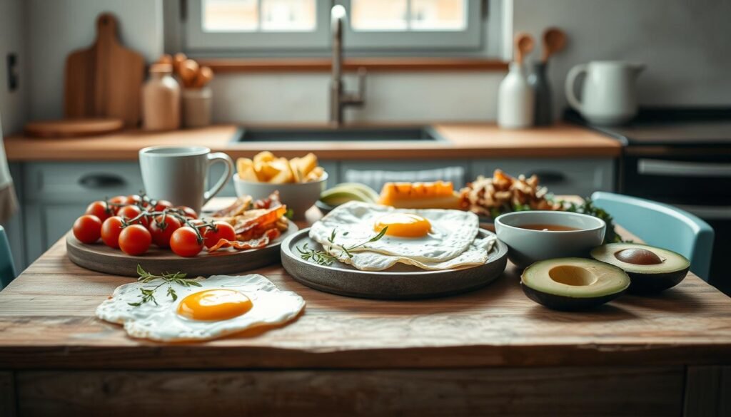 A savory, protein-packed breakfast spread is captured in a cozy kitchen setting. On a rustic wooden table, a variety of nutrient-dense ingredients are artfully arranged, including scrambled eggs, crispy turkey bacon, roasted cherry tomatoes, and a side of creamy avocado. Soft lighting from a large window bathes the scene in a warm, natural glow, highlighting the textures and colors of the fresh, wholesome fare. The minimal decor and light blue accents create a serene, inviting atmosphere, perfect for a nourishing morning meal.