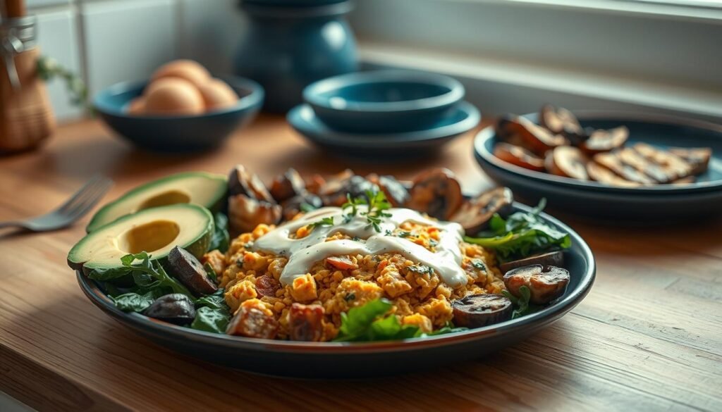 A savory vegan breakfast spread featuring a centerpiece of crisp tofu scramble, nestled amidst a vibrant array of roasted vegetables. Sliced avocado, sautéed spinach, and grilled mushrooms surround the tofu, drizzled with a creamy cashew-based sauce. The scene is bathed in soft, natural light filtering through a window, casting a warm glow on the wooden kitchen countertop. Minimalist blue ceramic plates and subtle greenery accent the scene, creating a cozy, inviting atmosphere. The focus is on the textures and flavors of the plant-based ingredients, showcasing a satisfying and nutritious vegan breakfast option.