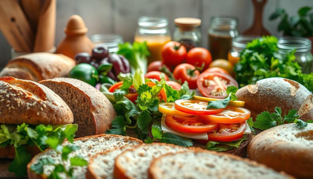 A seasonal arrangement of fresh, vibrant ingredients for a bold and flavorful sandwich. In the foreground, a variety of breads, from hearty whole grain to soft brioche, await their fillings. The middle ground showcases an array of colorful produce - crisp lettuce, juicy tomatoes, tangy pickles, and fragrant herbs. In the background, jars of condiments and spices add depth and complexity. The lighting is soft and natural, casting a warm glow over the scene. The overall atmosphere is one of artisanal craftsmanship and culinary exploration, inviting the viewer to imagine the endless possibilities for creative sandwich-making.