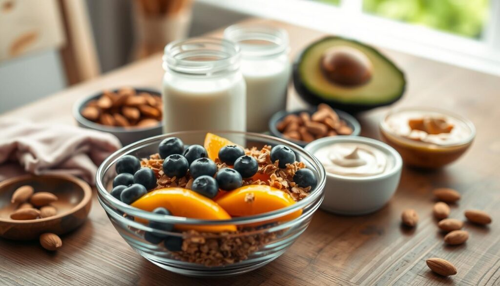 A selection of essential dairy-free ingredients for a nourishing breakfast lay artfully arranged on a wooden kitchen table. In the foreground, a glass bowl overflows with plump blueberries, juicy orange slices, and crunchy granola. Nearby, a mason jar brims with creamy almond milk, while a ripe avocado and a handful of raw almonds add pops of color. In the middle ground, a small ceramic dish holds a spoonful of smooth cashew butter. The scene is bathed in soft, diffused lighting that highlights the natural textures and tones, creating a calming, inviting atmosphere befitting a dairy-free morning meal.