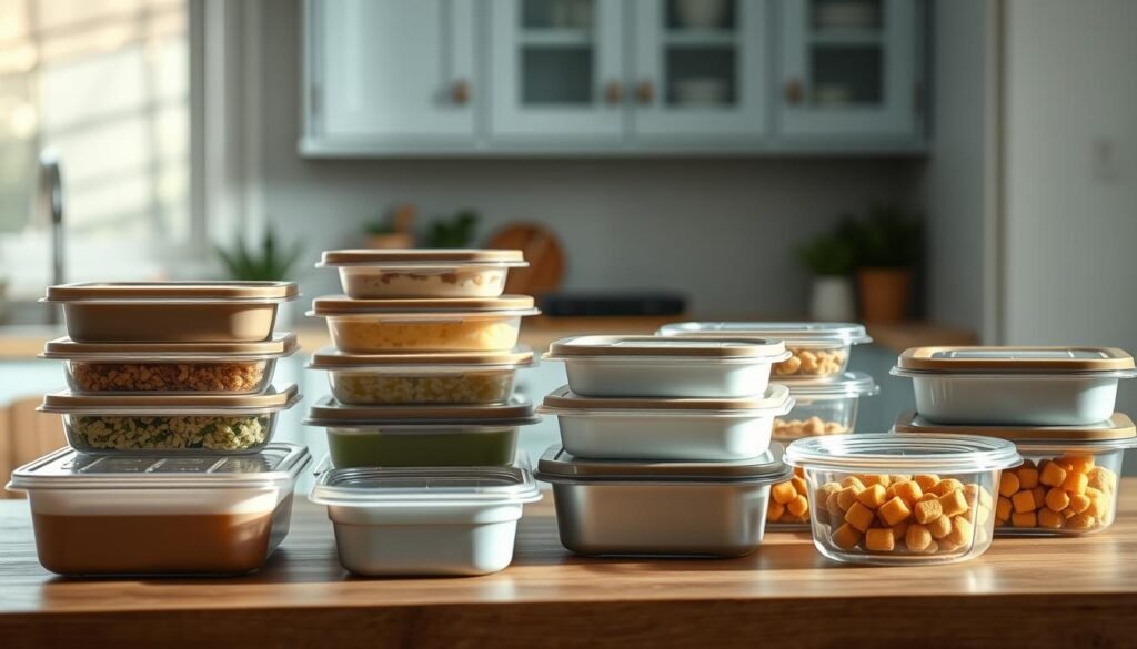A selection of meal prep containers neatly arranged on a wooden table, showcasing their various sizes, shapes, and material compositions. The containers are illuminated by soft, diffused lighting, creating a warm, inviting atmosphere. In the background, a simple kitchen scene with light blue cabinets and a few potted plants adds to the cozy, minimalist ambiance. The containers are meticulously photographed from multiple angles, allowing for a comprehensive comparison of their features and suitability for savory breakfast meal prep.
