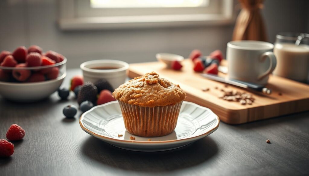 A serene and inviting breakfast scene, captured in a cozy, minimal kitchen setting. In the foreground, a plate showcases a freshly baked protein-packed muffin, its golden crumb and crisp top enticing the viewer. Surrounding the muffin, an artful arrangement of fresh berries, a steaming mug of coffee, and a sprinkling of nuts and seeds evoke a sense of balance and nourishment. The middle ground features a wooden cutting board with a knife and a few simple ingredients, hinting at the ease of preparation. The background is bathed in soft, natural light filtering through a window, casting a warm glow and emphasizing the tranquil atmosphere. This image perfectly captures the inspiration behind a stress-free, protein-rich breakfast recipe that is always ready to enjoy.