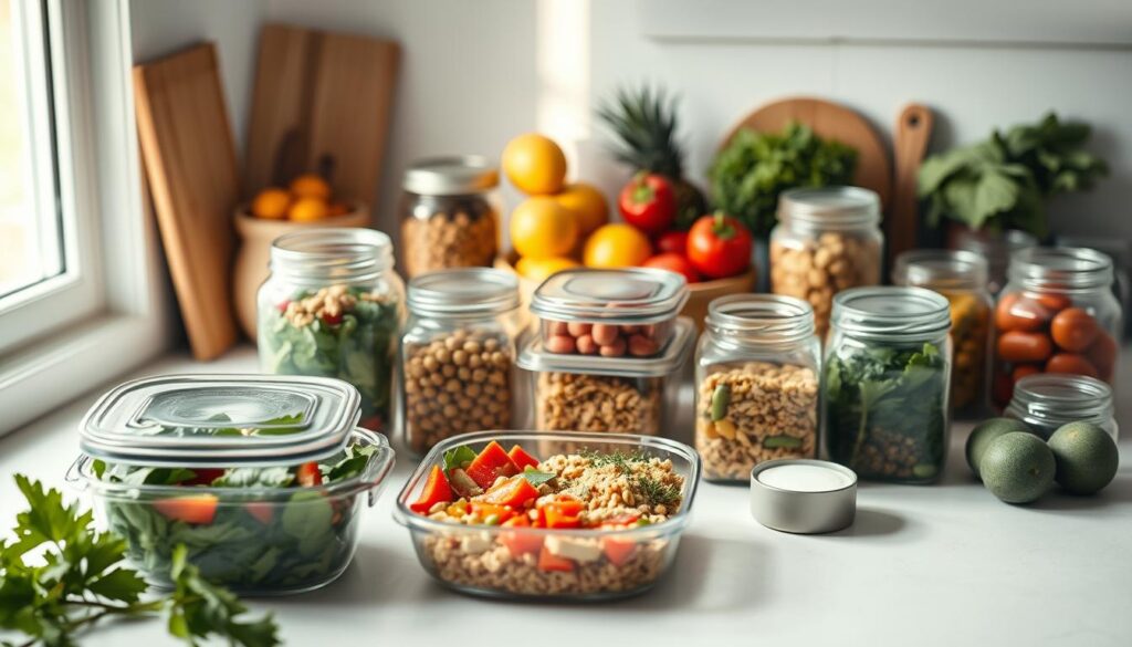A serene kitchen counter displays an array of meal prep containers filled with nourishing dishes - leafy salads, hearty grain bowls, and vibrant vegetable medleys. Pristine glass jars contain homemade snacks and condiments. Whole fruits and vegetables are artfully arranged, conveying the abundance and ease of a well-planned meal routine. Soft natural light bathes the scene, accentuating the clean lines and minimalist decor. The overall atmosphere exudes a sense of control, organization, and self-care - the hallmarks of an effective meal prep regimen. A calm, inviting space that inspires healthy living.