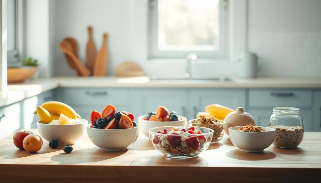 A serene kitchen scene showcasing a variety of no-cook breakfast delights. Atop a wooden table, an array of fresh fruits, yogurt, granola, and overnight oats are arranged in minimalist ceramic bowls, casting soft shadows. Sunlight streams through a nearby window, illuminating the clean, light blue-accented space. The atmosphere is one of simplicity and nourishment, highlighting the effortless benefits of a no-cook morning meal.