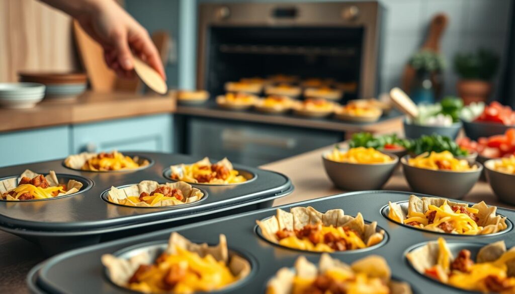 A series of breakfast taco cups in various stages of assembly and baking, set against the backdrop of a cozy, minimal kitchen with warm wooden textures and light blue accents. The foreground showcases freshly prepared taco shells nestled in a muffin tin, their crisp golden edges contrasting with the vibrant fillings of scrambled eggs, crumbled chorizo, and shredded cheese. In the middle ground, a baker's hand carefully places the filled taco cups into a preheated oven, while the background reveals a neatly arranged array of prepared ingredients, including chopped onions, diced tomatoes, and fresh cilantro. Soft natural lighting bathes the scene, creating a welcoming and appetizing atmosphere.