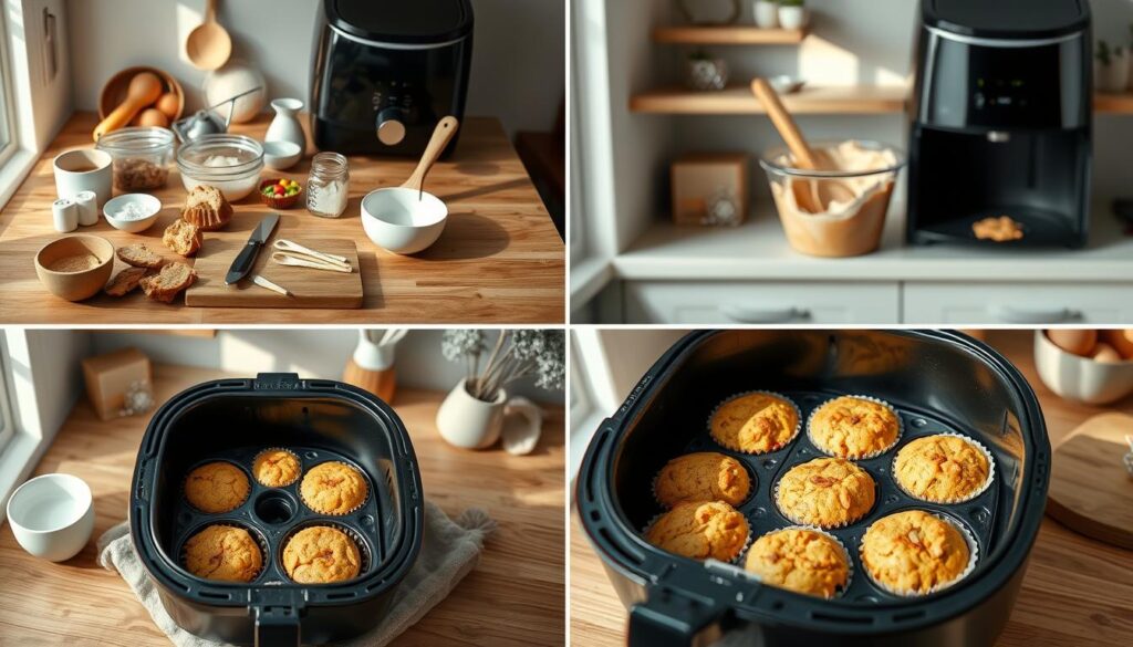 A series of four high-quality, detailed step-by-step images showcasing the process of making protein-rich breakfast muffins in an air fryer. The images should depict the ingredients and tools laid out, the batter being mixed, the muffin tins being filled, and the finished muffins emerging from the air fryer in a warm, appetizing manner. The images should be shot in a cozy, minimal kitchen setting with natural lighting, wooden textures, and light blue accents, creating a clean, inviting atmosphere. Each image should be crisp, well-composed, and visually engaging, effectively illustrating the key steps of the air fryer muffin recipe.