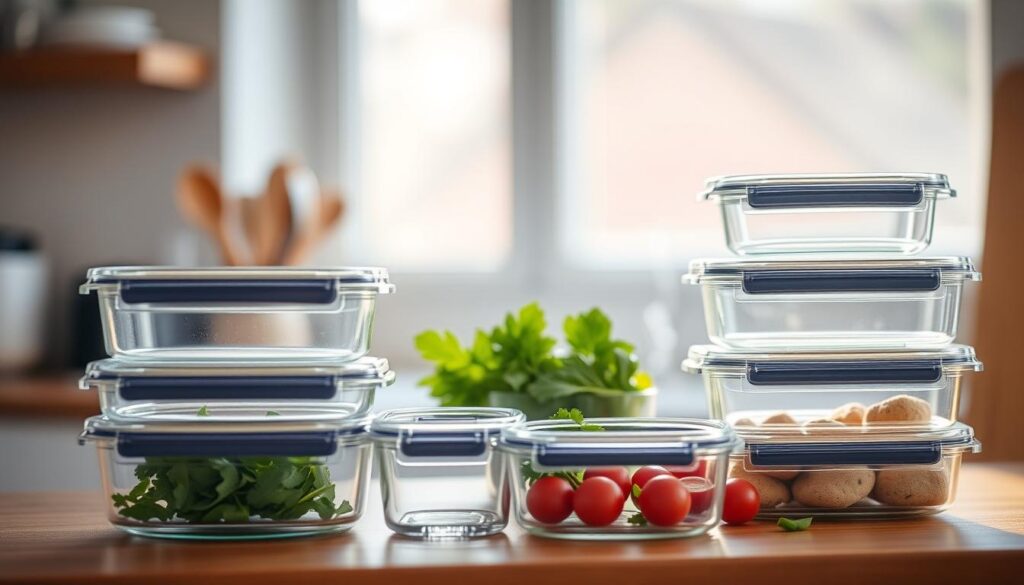 A set of glass food storage containers with airtight lids, neatly arranged on a wooden kitchen counter. The containers are in various sizes, with a clean, modern design. Soft natural light filters through a nearby window, casting a warm glow on the scene. The containers are accompanied by fresh produce, such as vegetables or herbs, to showcase their intended use for meal preparation. The overall atmosphere is one of organization, functionality, and a commitment to healthy, homemade meals.