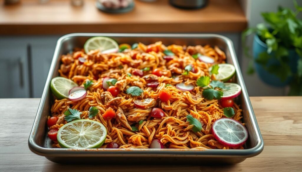 A sheet pan filled with juicy, shredded chicken tinga, simmered in a smoky tomato-chipotle sauce, accompanied by vibrant slices of lime, crisp radish, and fresh cilantro sprigs, all set against the backdrop of a cozy, minimal kitchen with warm wooden surfaces, light blue accents, and a soft, diffused lighting that casts a gentle glow on the scene.