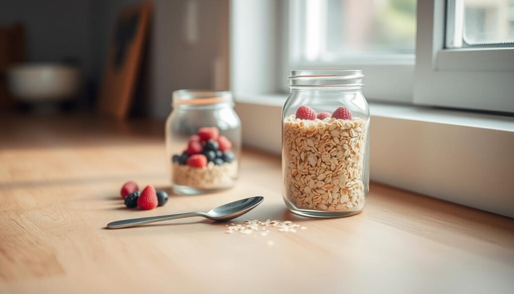A simple, minimal kitchen counter with a smooth wooden surface. A glass jar filled with rolled oats, a small bowl of fresh berries, and a metal spoon resting nearby. Soft natural light filters in through a nearby window, casting a warm glow on the scene. The overall mood is one of effortless, no-fuss breakfast preparation - the kind of meal that comes together with just a few key ingredients.