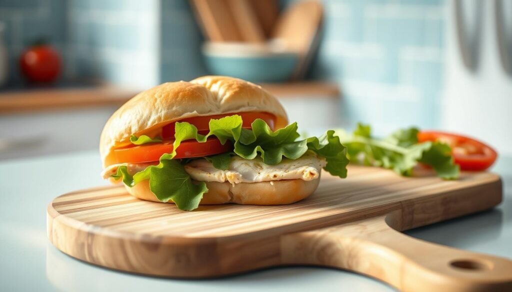A simple, minimalist chicken sandwich rests on a wooden cutting board, the light blue accents of the kitchen providing a calming backdrop. The sandwich is carefully composed, with a toasted brioche bun, a tender, juicy chicken breast, a crisp leaf of green lettuce, and a thin slice of juicy tomato. The lighting is soft and natural, highlighting the sandwich's clean lines and the subtle textures of the ingredients. The overall atmosphere is one of understated elegance and a focus on the pure flavors of the dish.