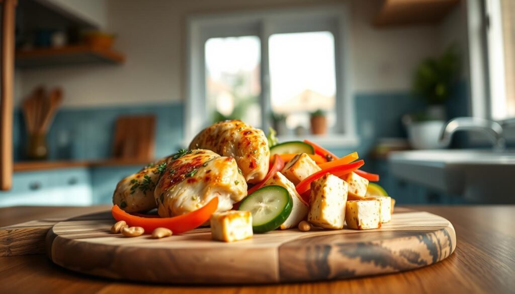 A simple, nourishing lunch featuring tender chicken thighs and marinated tofu cubes arranged artfully on a wooden cutting board. The chicken is lightly seasoned with herbs and garlic, while the tofu has a delicate soy-based glaze. Vibrant slices of bell pepper, carrot, and cucumber add fresh pops of color, complemented by a scattering of roasted peanuts for crunch. Soft, diffused lighting from a window casts a warm glow over the scene, creating an inviting, homey atmosphere in the cozy, minimal kitchen with light blue accents.