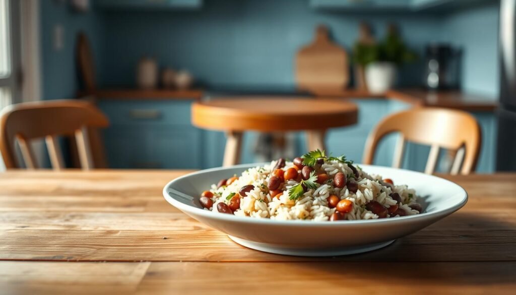 A simple, nourishing rice and beans dish sits upon a wooden table in a cozy, minimalist kitchen. Soft, indirect lighting casts a warm glow, highlighting the vibrant colors of the meal - the deep brown beans, fluffy white rice, and a scattering of fresh herbs. The kitchen is accented with light blue tones, creating a calming, inviting atmosphere. The scene conveys the idea of an affordable, wholesome lunch option that is both satisfying and budget-friendly.