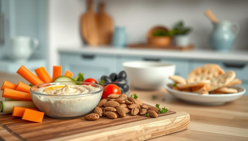 A simple yet appetizing hummus plate arranged on a wooden cutting board, showcasing various dipping options. In the foreground, a bowl of creamy hummus, surrounded by sliced cucumbers, carrot sticks, cherry tomatoes, and crisp pita wedges. In the middle ground, a handful of roasted almonds, olives, and a sprinkle of fresh parsley add pops of color and texture. The background features a minimalist kitchen setting with light blue accents, natural wooden surfaces, and soft, ambient lighting, creating a cozy, inviting atmosphere.