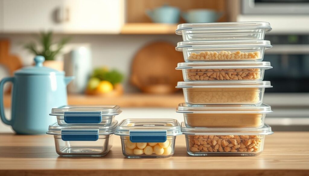 A simple yet stylish arrangement of meal prep containers in a cozy, minimal kitchen setting. Rectangular glass or plastic containers with airtight lids, neatly stacked and showcased against a backdrop of warm-toned wooden surfaces and light blue accents. Soft, natural lighting illuminates the scene, highlighting the clean lines and functional design of the containers. The overall atmosphere evokes a sense of organization, convenience, and a commitment to healthy eating habits.