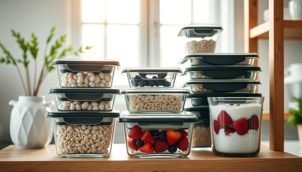 A sleek and organized arrangement of meal prep containers in a minimalist kitchen setting. Rectangular glass or BPA-free plastic containers in various sizes, with airtight lids, neatly stacked on a wooden shelving unit. Soft natural light filters through the windows, casting a warm glow on the containers. The containers are filled with healthy ingredients like overnight oats, fresh berries, and Greek yogurt, ready to grab for busy mornings. The scene conveys a sense of efficiency and intentionality, inspiring the viewer to plan and prepare nutritious meals in advance.