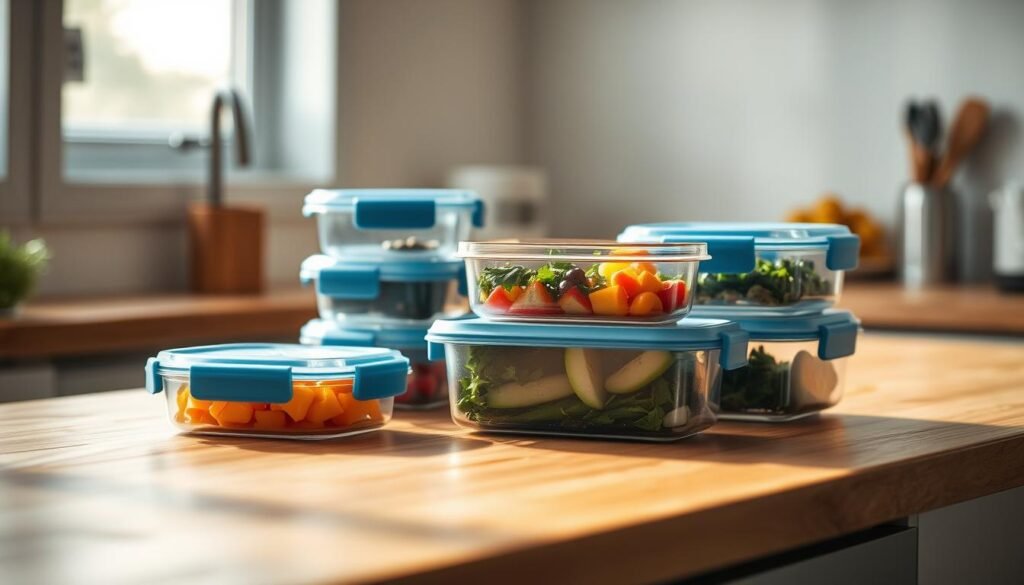 A sleek collection of high-quality, leakproof food storage containers with airtight lids rest on a wooden kitchen counter. Soft, natural lighting from a nearby window casts a warm glow, highlighting the subtle blue accents and clean, minimalist design. The containers are crafted from durable, BPA-free materials, offering a reliable solution for meal prep and food preservation. Their streamlined silhouettes and transparent panels showcase the fresh, vibrant contents within, while the secure seals promise to lock in flavor and prevent messy spills. This carefully curated still life captures the essential elements of an efficient, modern kitchen storage system.
