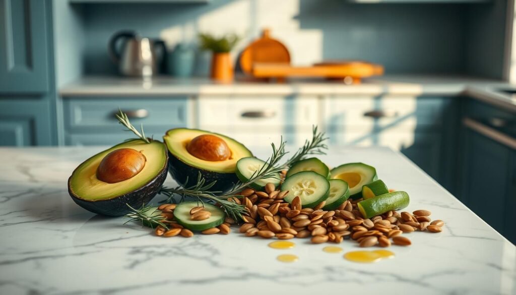 A sleek marble countertop in a cozy, minimalist kitchen with light blue accents showcases an artful arrangement of healthy fats and flavor enhancers. Ripe avocado slices, crisp cucumber spears, and crunchy pumpkin seeds nestle alongside fragrant sprigs of rosemary and a drizzle of rich olive oil. The warm, natural lighting casts a soft glow, highlighting the vibrant colors and textures of these nutritious ingredients, ready to elevate any lunchbox meal into a satisfying, flavor-packed snack plate.