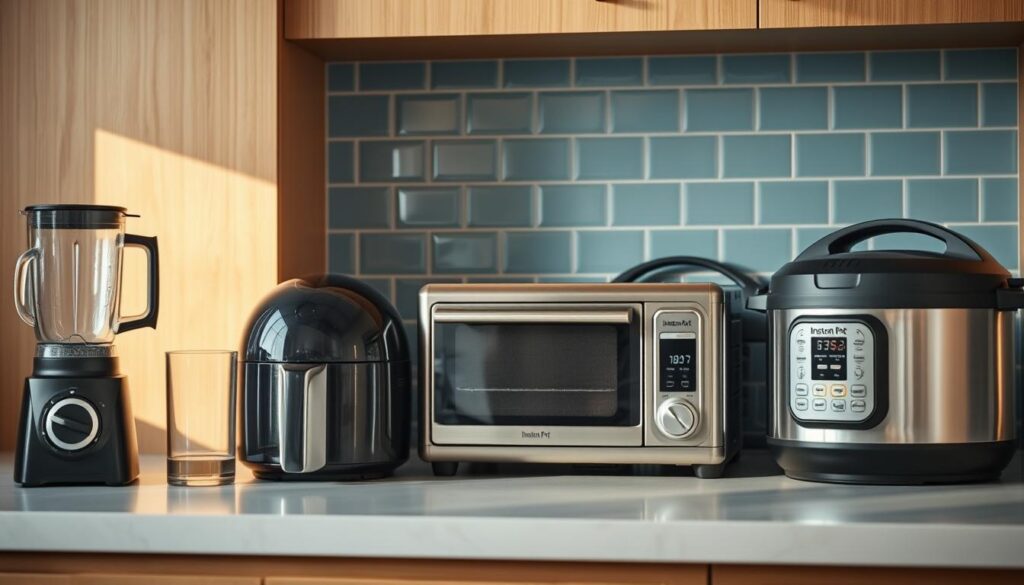 A sleek, modern kitchen with an array of time-saving appliances neatly arranged on the countertop. In the foreground, a high-powered blender, a compact air fryer, and a programmable coffee maker stand ready to streamline breakfast prep. In the middle ground, a stylish toaster oven and a multi-function Instant Pot take center stage, their stainless steel finishes gleaming under warm, diffused lighting. The background features a minimalist tile backsplash in soft blue hues, complementing the natural wood tones of the cabinetry and the clean, uncluttered layout of the space.