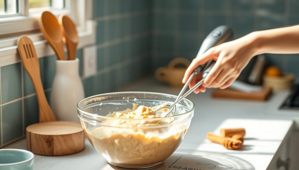 A small, cozy kitchen bathed in soft, natural light. On the countertop, a mixing bowl filled with a fluffy, golden batter for protein-packed breakfast muffins. Hands gently folding and stirring the mixture, incorporating the key ingredients with care. Wooden utensils and a sleek, modern hand mixer provide the tools for this quick, college-friendly baking task. The aroma of vanilla and cinnamon fills the air, creating a warm, inviting atmosphere. Minimal decor with light blue accents complements the rustic charm of the scene, highlighting the simple joys of homemade, nutritious treats.