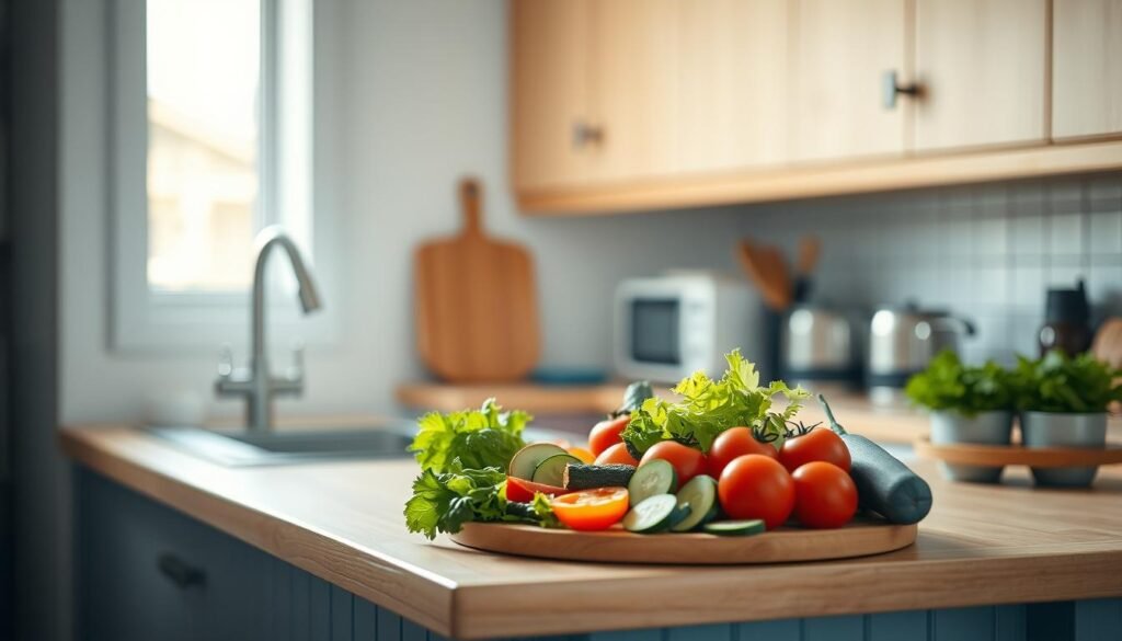 A small, cozy kitchen with light wooden countertops and cabinets, accented by soft blue tones. On the counter, an artfully arranged selection of fresh, crisp salad ingredients - leafy greens, juicy tomatoes, crunchy cucumbers, and a variety of colorful vegetables. The lighting is gentle and natural, casting a warm glow over the scene. The camera angle is slightly elevated, capturing the ingredients from an appealing perspective that highlights their vibrant hues and appetizing presentation. The overall mood is one of simplicity, freshness, and an inviting, office-friendly sensibility.