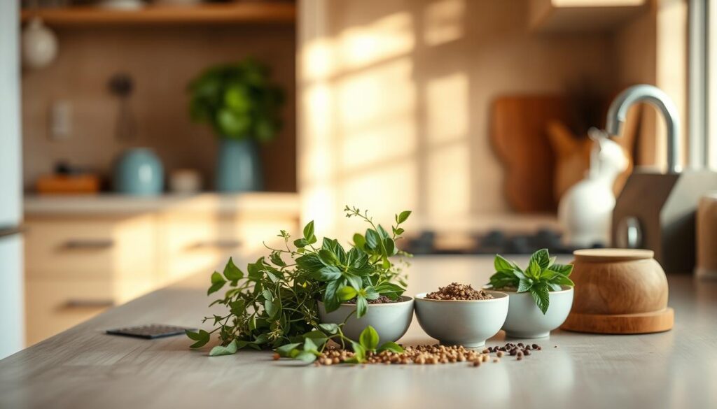 A softly illuminated countertop in a cozy, minimal kitchen. Delicate herbs and spices are carefully arranged, their subtle aromas gently wafting through the air. Warm wooden textures provide a natural backdrop, while soft blue accents lend a calming presence. The scene conveys the quiet science of blending flavors, a testament to the power of nuance in creating office-friendly meals without overpowering scents. A low-angle camera captures the intricate dance of these culinary elements, inviting the viewer to explore the depth of flavor within.