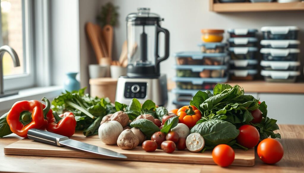 A spacious kitchen counter with an assortment of fresh ingredients and essential tools for meal prepping. In the foreground, a variety of vegetables, such as bell peppers, mushrooms, and spinach, are neatly arranged alongside a cutting board and a sharp chef's knife. In the middle ground, a blender, a food processor, and a set of measuring cups and spoons sit on the counter, suggesting the preparation of sauces, dips, and flavorful components. In the background, a stack of meal prep containers and a steamer stand ready to store and preserve the freshly prepared ingredients. The natural light from a nearby window casts a warm, cozy glow over the scene, accentuating the wooden textures and light blue accents that define the minimalist kitchen aesthetic.