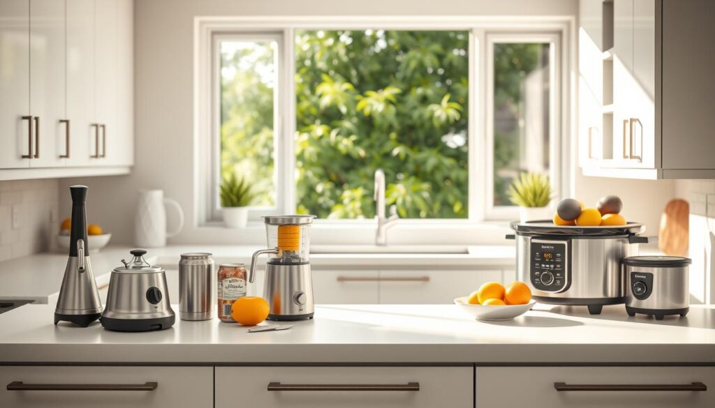 A spotlessly clean, modern kitchen with sleek white cabinets and polished chrome fixtures. On the countertop, an array of ingenious time-saving gadgets - a hands-free can opener, an electric citrus juicer, and a programmable slow cooker. Bathed in soft, flattering lighting, the scene evokes a sense of efficiency and culinary ease. In the background, framed by large windows, lush greenery sways gently, connecting the interior to the outdoors. The overall atmosphere is one of serenity and organization, perfectly suited for crafting delicious, seasonal breakfast dishes.