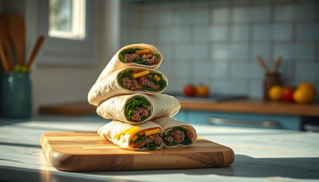 A stack of freshly-made breakfast burritos, generously filled with savory sausage, vibrant spinach, and melted cheddar cheese. The burritos are arranged on a wooden cutting board, bathed in warm, natural lighting that filters in through a nearby window, casting soft shadows and highlights. The kitchen counter has a minimalist, rustic charm with light blue accents, complementing the earthy tones of the wooden textures. The scene exudes a cozy, homemade atmosphere, inviting the viewer to savor the satisfying, protein-packed breakfast.