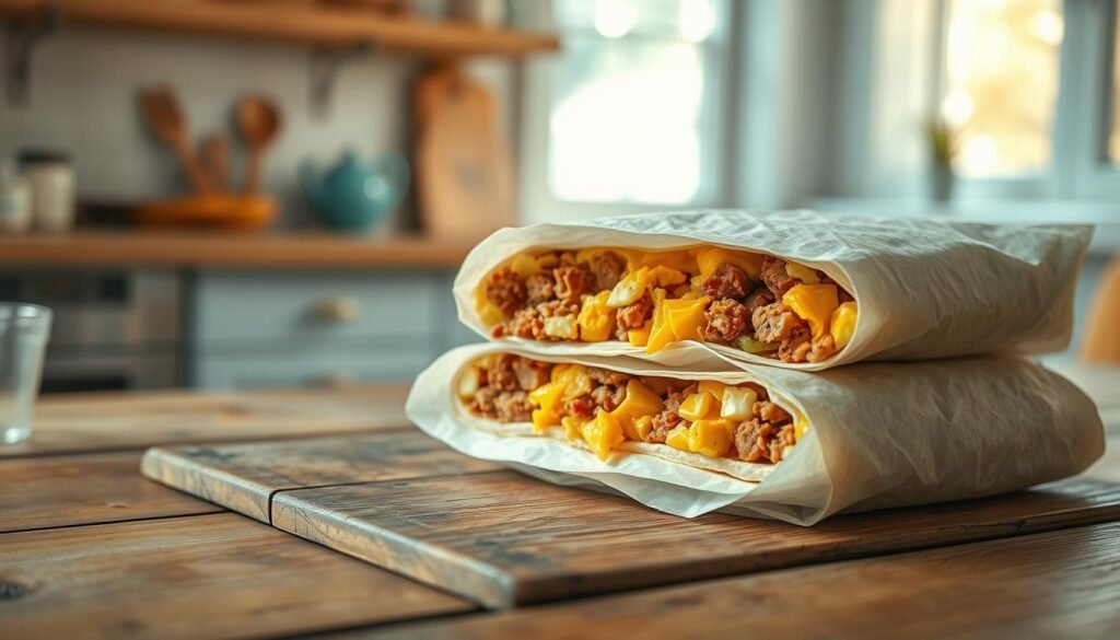 A stack of homemade freezer breakfast burritos nestled on a rustic wooden table, warm morning light filtering through a nearby window. The burritos are tightly wrapped in parchment paper, revealing tantalizing glimpses of the savory filling within - tender scrambled eggs, crumbled breakfast sausage, and melted cheddar cheese. The scene is framed by a clean, minimalist kitchen with light blue accents, natural wood textures, and a sense of cozy simplicity, capturing the essence of a nourishing, make-ahead breakfast option.