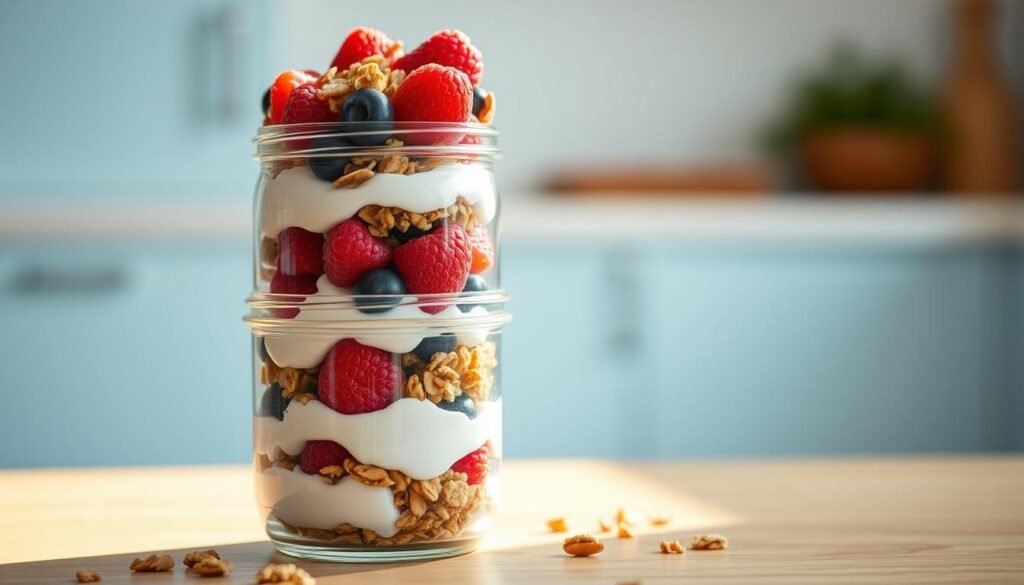 A stack of layered breakfast parfaits in clear glass jars, filled with creamy Greek yogurt, fresh berries, and crunchy granola. The parfaits are arranged on a wooden table, with a minimal, light blue kitchen backdrop. Soft, natural lighting highlights the vibrant colors and textures of the ingredients. The overall atmosphere is one of simplicity, nourishment, and a healthy start to the day.