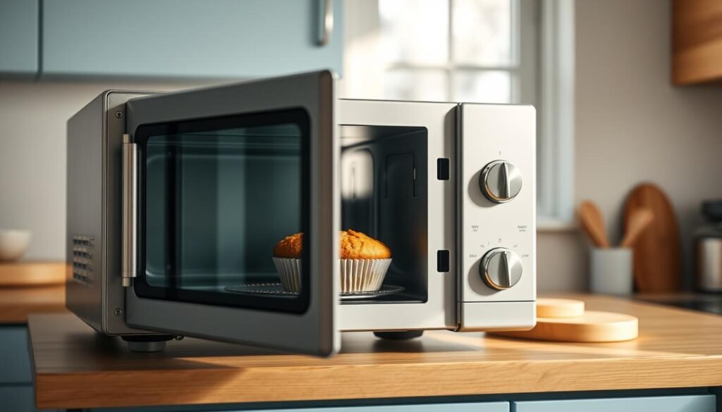 A stainless steel microwave oven stands on a wooden countertop, its door slightly ajar. Inside, a pair of freshly baked protein-packed muffins await reheating, their moist golden crumb visible through the glass. Soft afternoon light filters through a nearby window, casting a warm glow on the scene. The kitchen's minimal decor, with light blue cabinetry and natural wood accents, creates a cozy, inviting atmosphere for this quick breakfast prep.