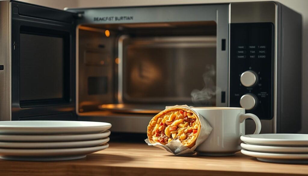 A stainless steel microwave sits on a wooden kitchen counter, its door ajar as steam billows out, revealing a partially unwrapped breakfast burrito within. Crisp white plates and a mug of steaming coffee sit nearby, the soft glow of overhead lighting casting a warm, inviting atmosphere. The burrito's tortilla is gently browned, its contents of scrambled eggs, cheese, and savory fillings peeking out, ready to be enjoyed on a calm, productive morning.