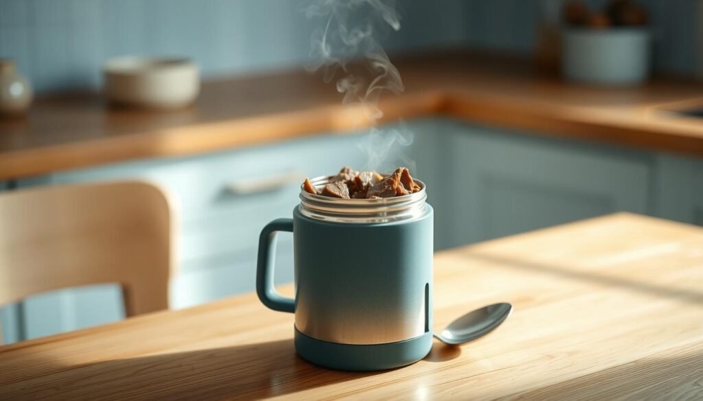 A steaming hot thermos filled with savory beef stew, its aroma wafting through a cozy, minimal kitchen with light blue accents and warm wooden textures. The thermos sits on a simple wooden table, casting a soft, natural glow. A spoon rests beside it, anticipating the hearty, comforting meal within. The scene exudes a sense of convenience and nourishment, perfectly suited for a busy workday, captured from a slightly elevated angle to highlight the inviting simplicity of the setup.