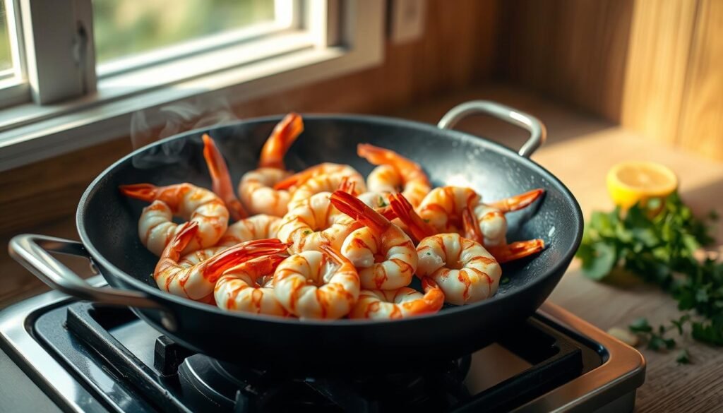 A steaming pan with plump, seared shrimp sizzling over a low flame. The shrimp glisten with a golden-brown crust, their tails curled in on themselves. Splashes of garlic, lemon, and herbs accent the scene, creating a mouthwatering display. Soft, natural lighting filters in through a nearby window, casting a warm glow and gentle shadows across the kitchen counter. The minimalist, wood-paneled backdrop provides a simple, cozy setting, allowing the shrimp to take center stage. This image captures the essence of masterful shrimp cooking techniques, ready to guide the viewer through a delicious, high-protein lunch prep.