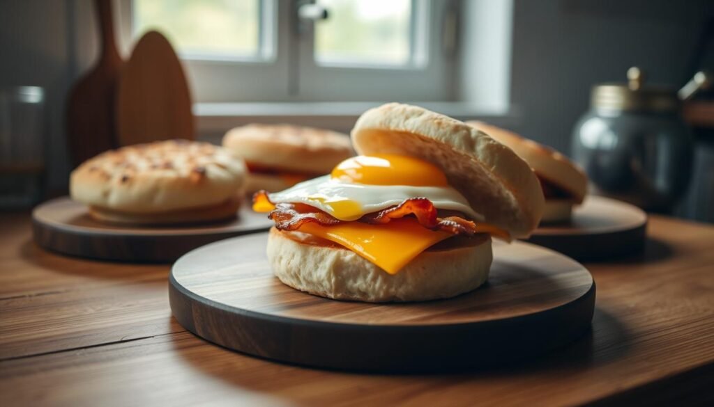 A step-by-step assembly of a delectable breakfast sandwich unfolds in a cozy, minimal kitchen. On a wooden surface, freshly baked English muffins await, their golden hues complemented by crisp bacon strips and a perfectly fried egg nestled atop a layer of melted cheddar cheese. The arrangement is illuminated by natural light filtering through a window, casting a warm, inviting glow. The scene exudes a sense of domesticity and simplicity, capturing the essence of a comforting morning meal. No hands are visible, allowing the viewer to focus solely on the mouthwatering components of this culinary masterpiece.