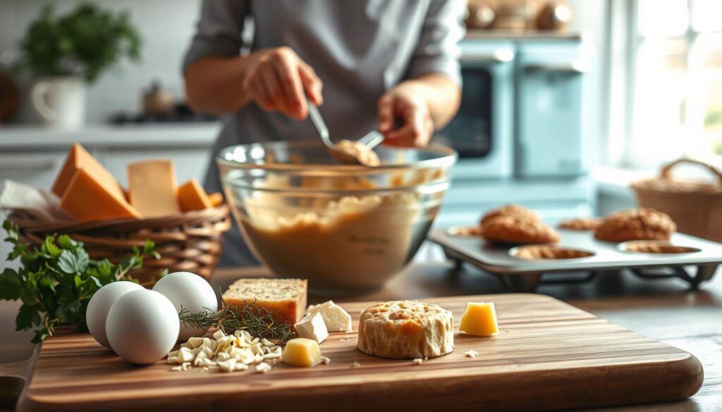 A step-by-step guide for preparing savory breakfast muffins. In the foreground, fresh ingredients like eggs, cheese, and herbs are arranged on a wooden cutting board. In the middle ground, a baker's hands carefully measure and mix the batter in a stainless steel bowl. In the background, a vintage-inspired oven with a light blue facade stands ready to bake the muffins to perfection. Soft, natural lighting filters through a large window, casting a warm glow over the scene. The overall atmosphere is cozy, inviting, and perfect for a weekend meal prep session.